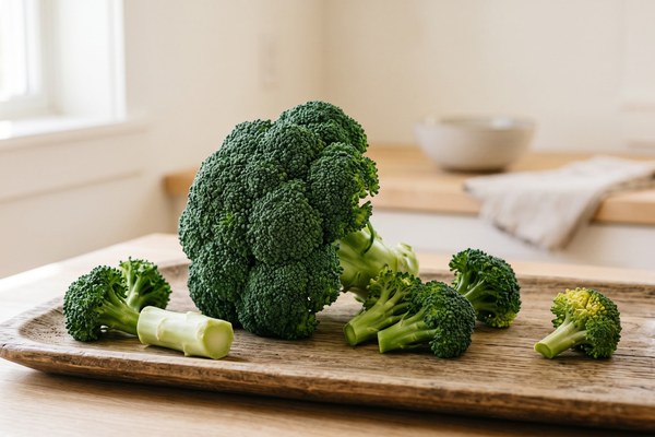 Fresh broccoli head with cut florets and a peeled stalk piece on a wooden platter