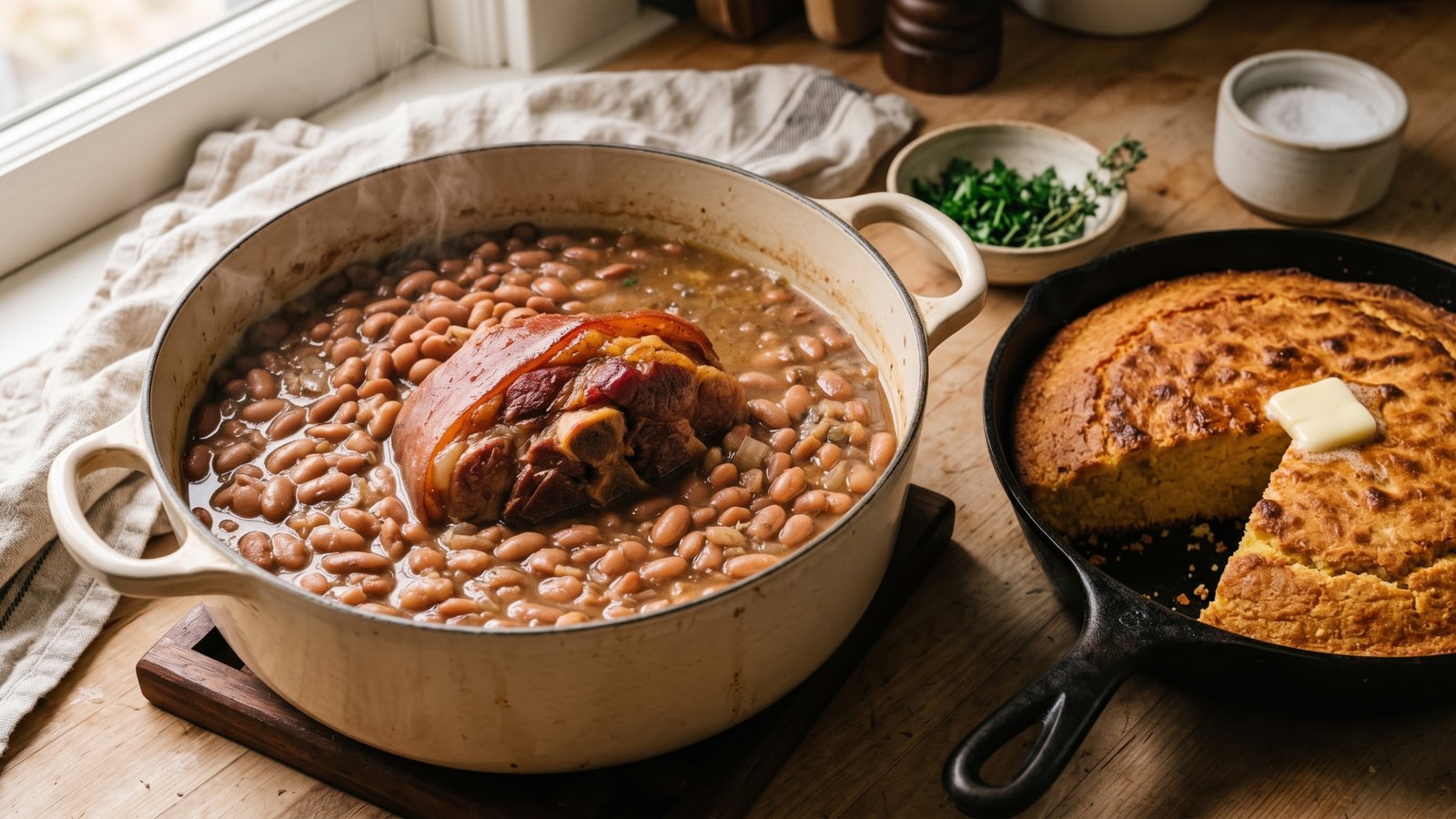 Pinto beans simmering with a ham hock in a pot, served with golden cornbread baked in a skillet