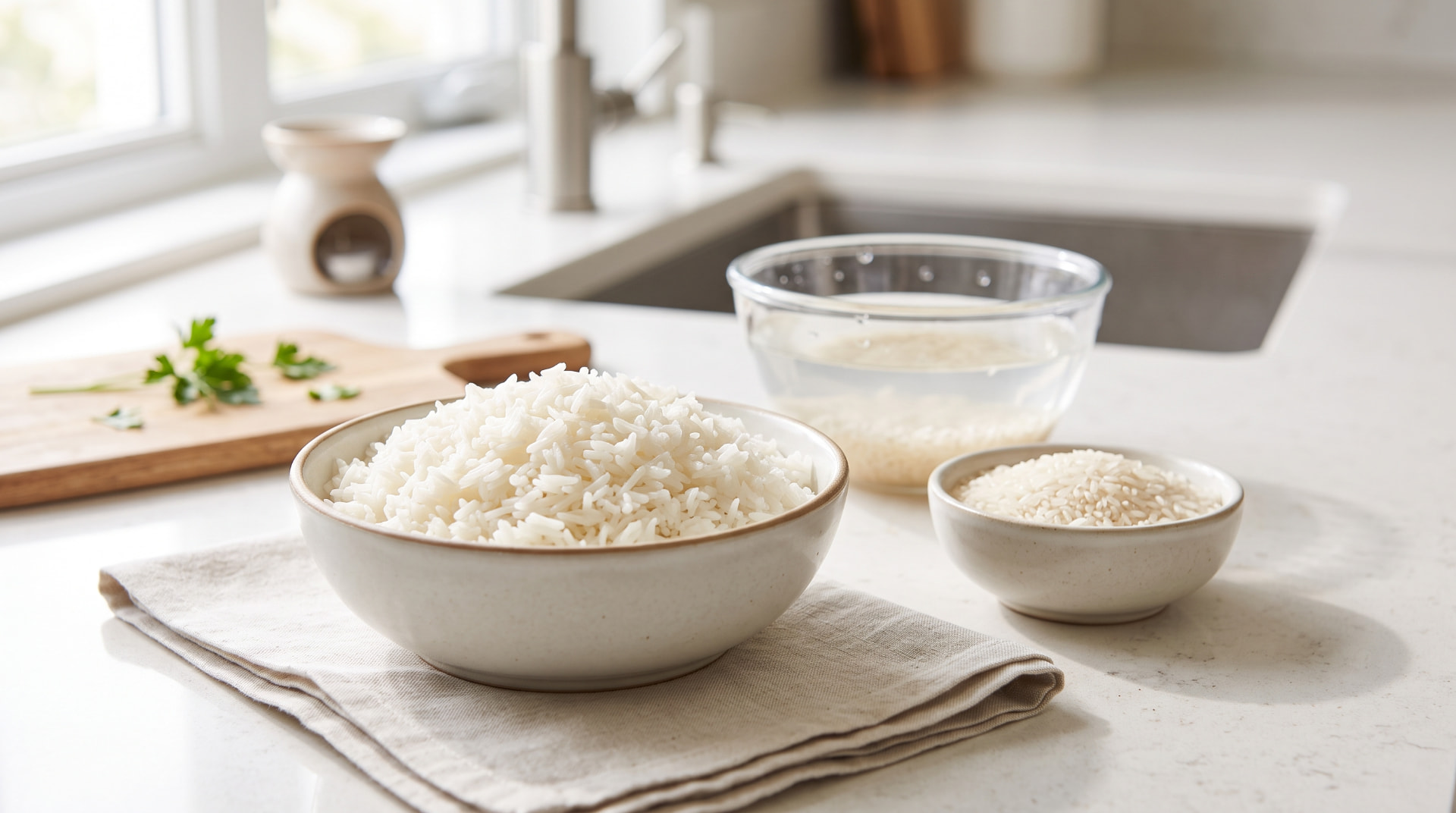 Pot of white rice boiling in excess water on the stovetop, a cooking method that reduces arsenic content
