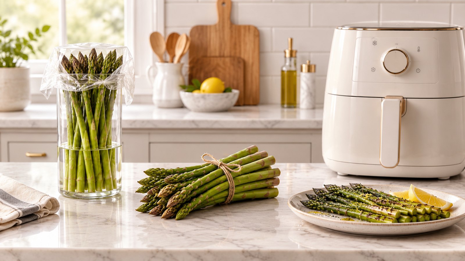 Fresh asparagus in a glass jar of water, a tied bundle of asparagus, and cooked asparagus on a plate beside a cream-colored air fryer in a bright, elegant kitchen.