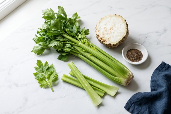 Fresh celery bunch with leaves, a halved celeriac, and a small bowl of celery seeds on a white marble surface.