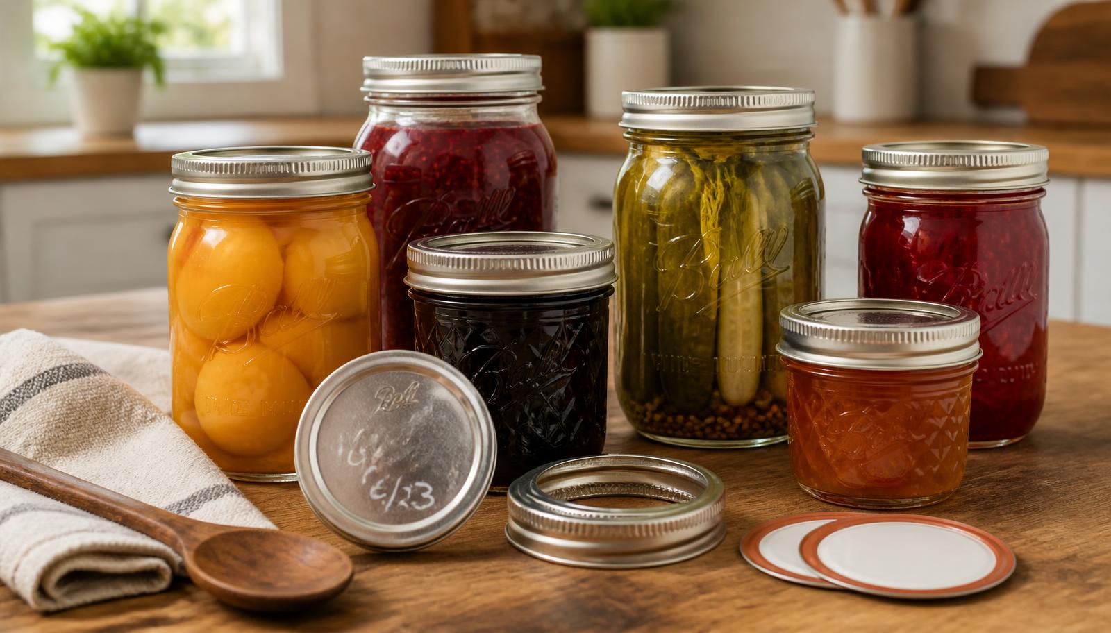 Assorted Ball mason jars filled with preserved peaches, jam, pickles, and berries, with used canning lids and rings on a wooden countertop