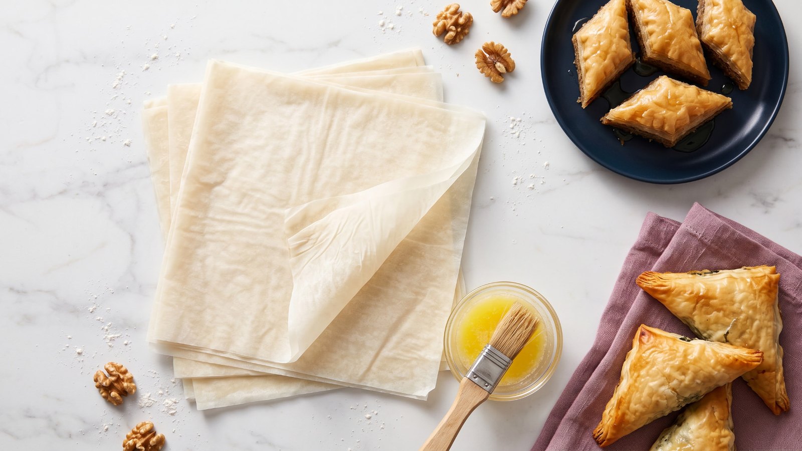 Flat lay of raw phyllo dough sheets, baklava, and spanakopita with melted butter and a pastry brush