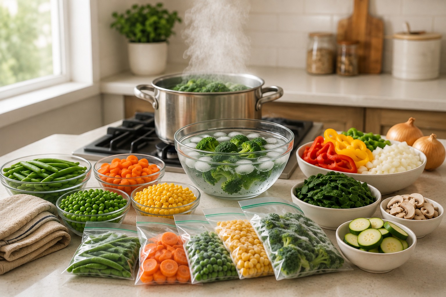 Overhead shot of blanched vegetables in ice water next to raw tomatoes, peppers, basil, and garlic, illustrating which vegetables need blanching before freezing