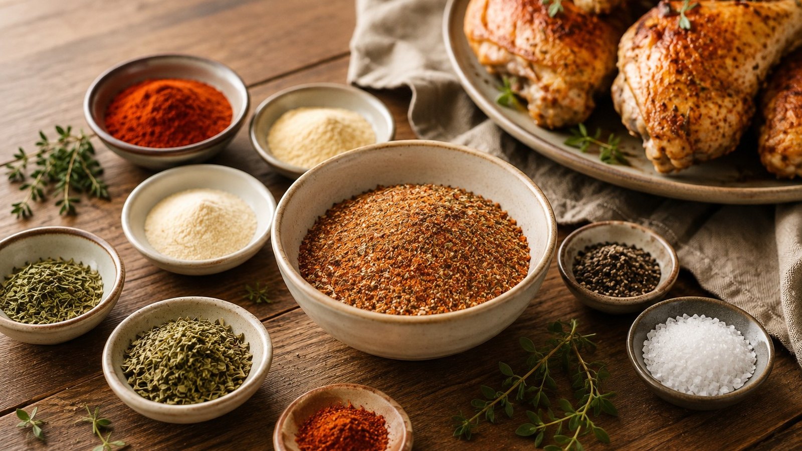 Roasted chicken with bowls of spices, herbs, and seasonings on a wooden surface