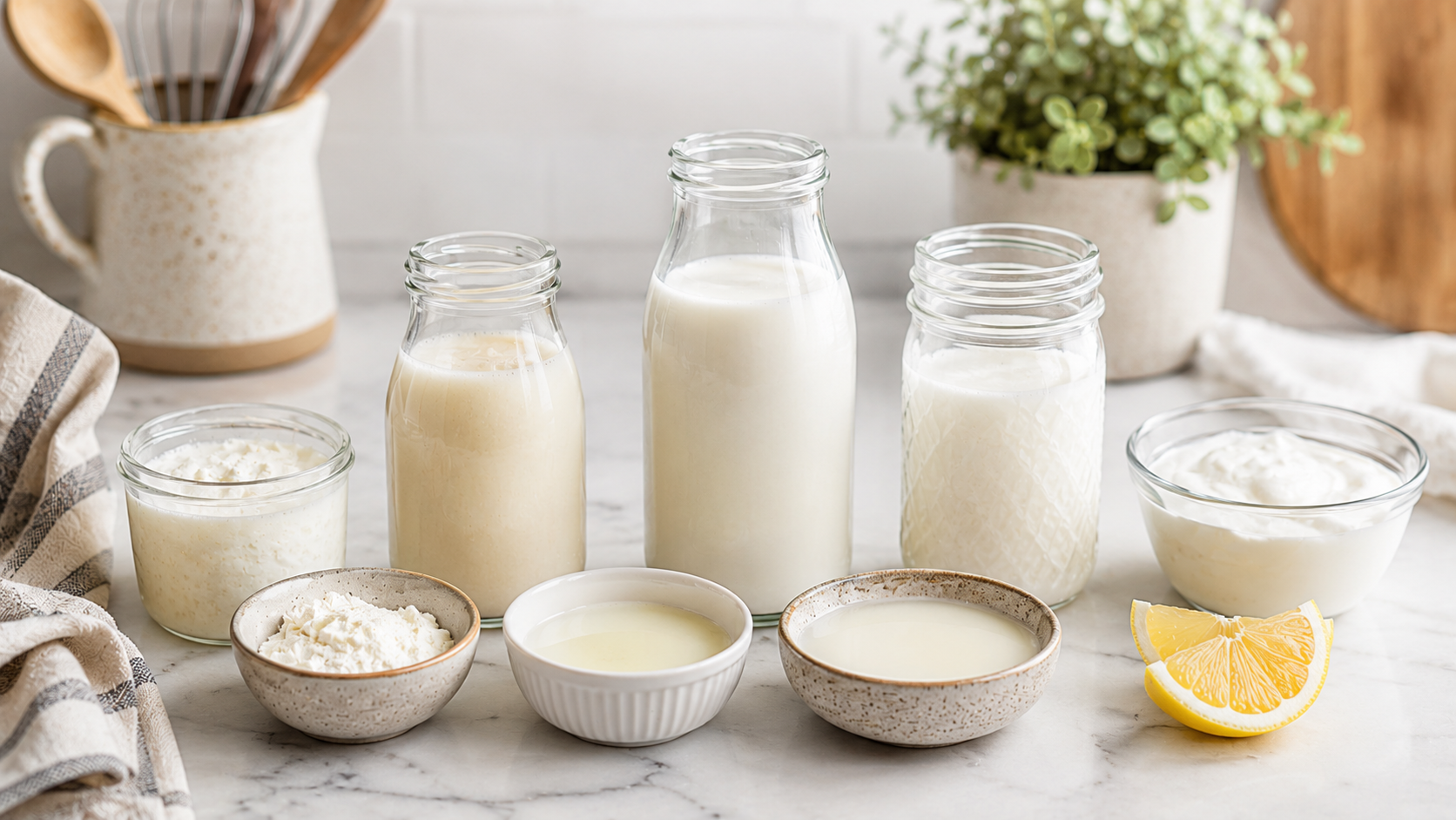 Buttermilk substitute ingredients including milk, lemon, vinegar, yogurt, sour cream, and cream of tartar.