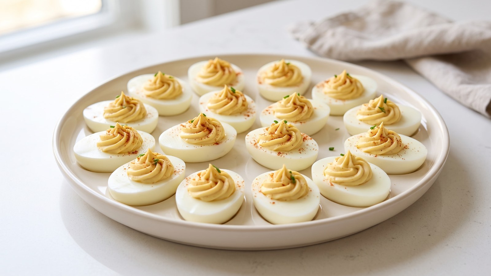 Beautiful platter of homemade deviled eggs arranged neatly for serving.