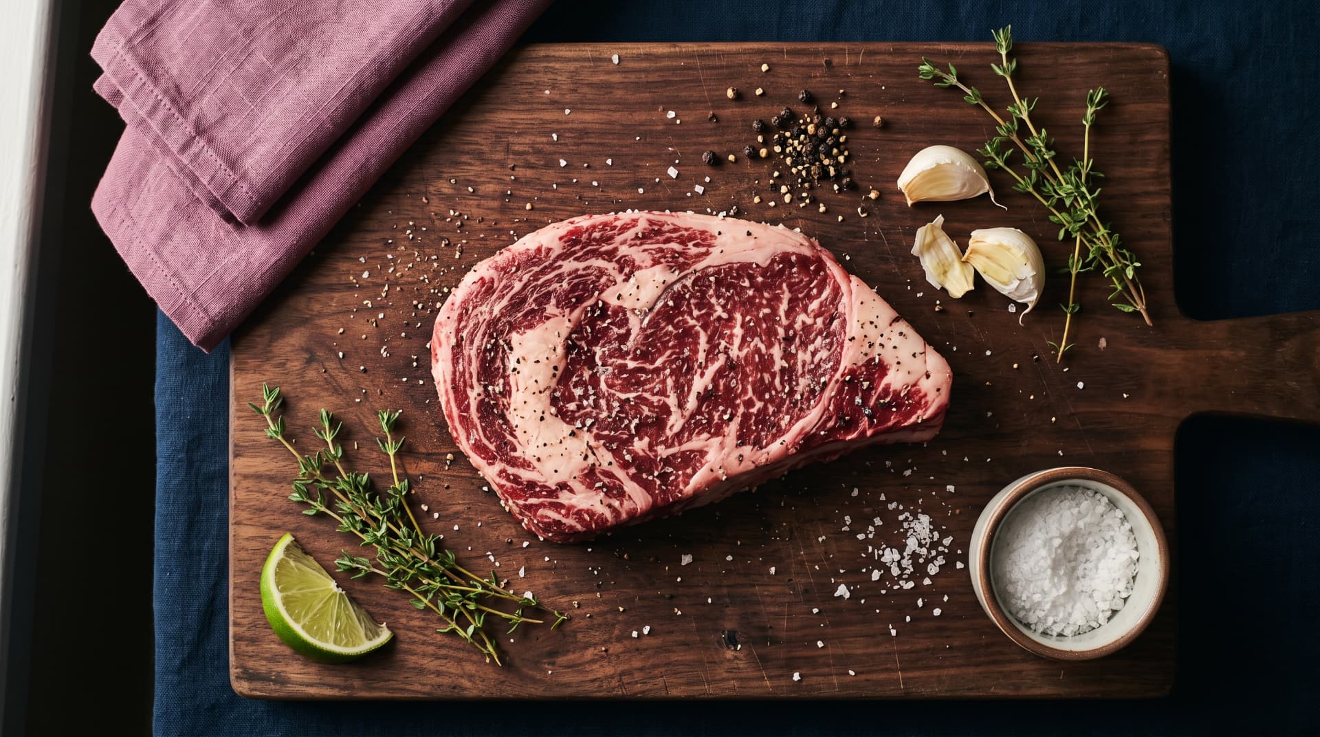 Raw ribeye steak on a cutting board with coarse salt, cracked pepper, thyme, garlic, and a lime wedge