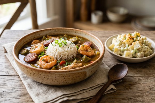 Gumbo in a ceramic bowl with sausage, seafood and okra, served with a small bowl of Southern-style potato salad.